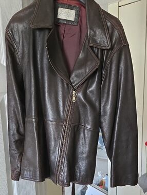 Lord & Taylor Dark Brown Leather Jacket with Burgundy Lining